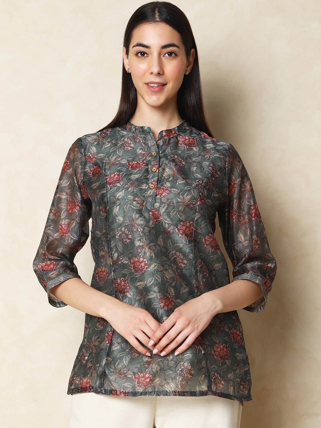 

Indifusion Floral Printed Mandarin Collar Chanderi Silk Kurti, Green