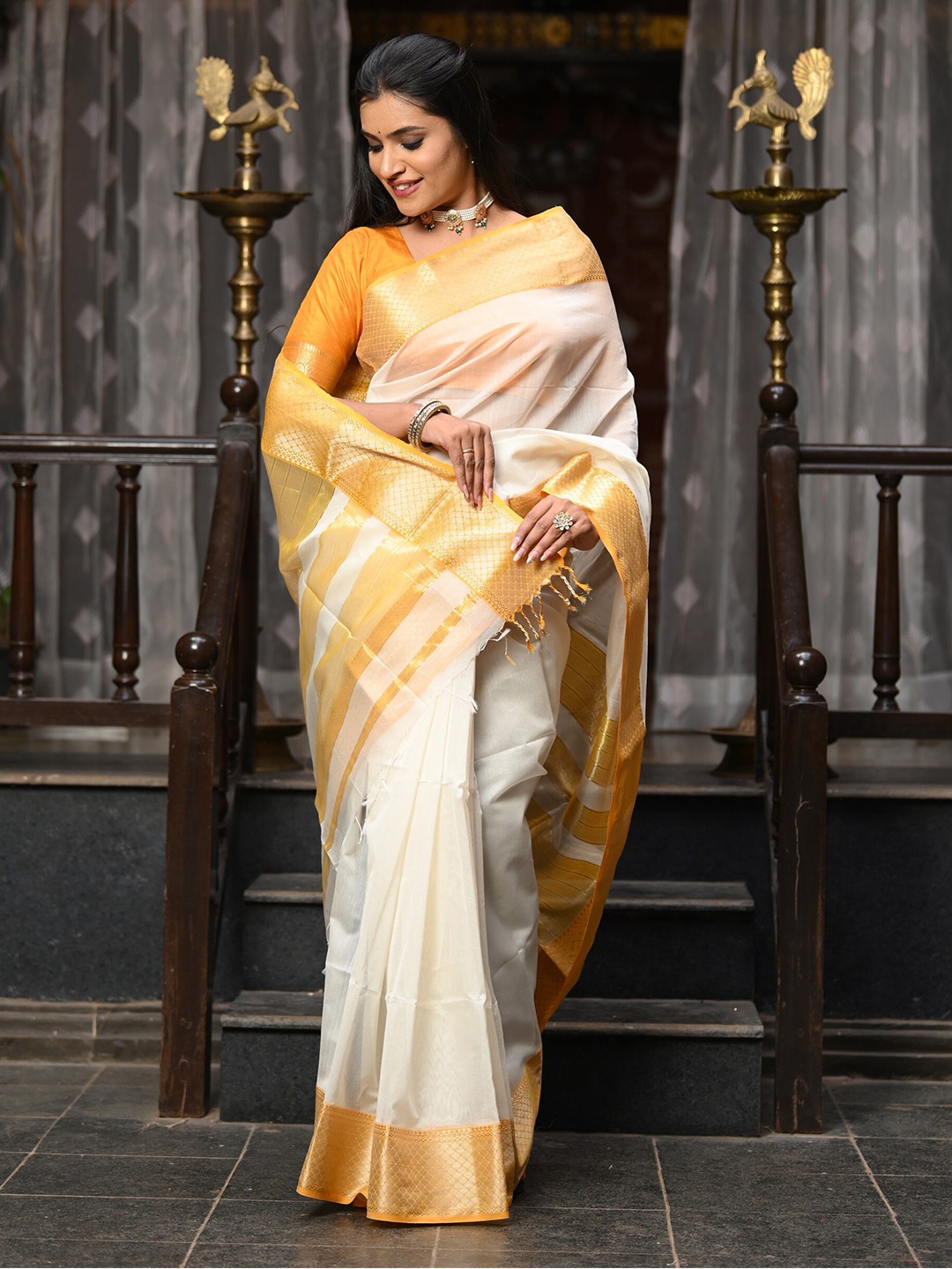 

Very Much Indian Zari Silk Cotton Maheshwari Saree, White