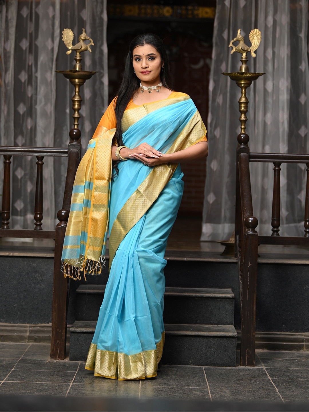 

Very Much Indian Zari Silk Cotton Maheshwari Saree, Blue