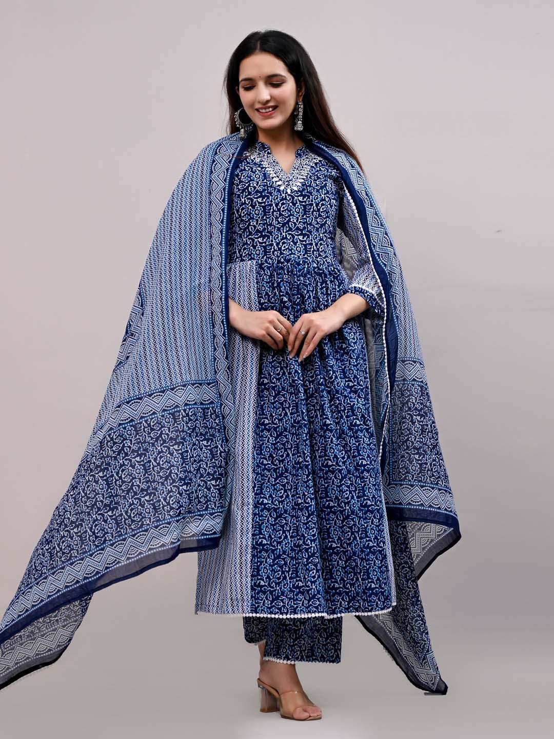 

Meena Bazaar Ethnic Motifs Printed Kurta With Trousers & Dupatta, Blue