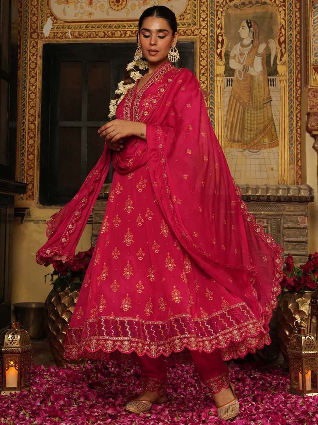 

Meena Bazaar Ethnic Motifs Printed Kurta With Trousers & Dupatta, Pink