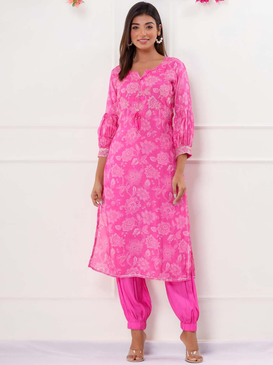 

Meena Bazaar Floral Printed Regular Kurta with Trousers, Pink