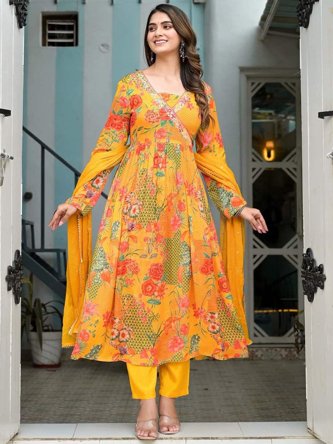 

Meena Bazaar Floral Printed Angrakha Sequinned Kurta with Trousers & Dupatta, Orange