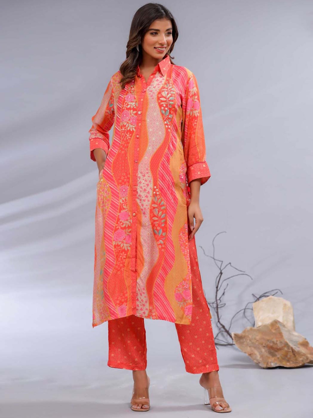 

Meena Bazaar Printed Regular Sequinned Kurta with Trousers, Orange