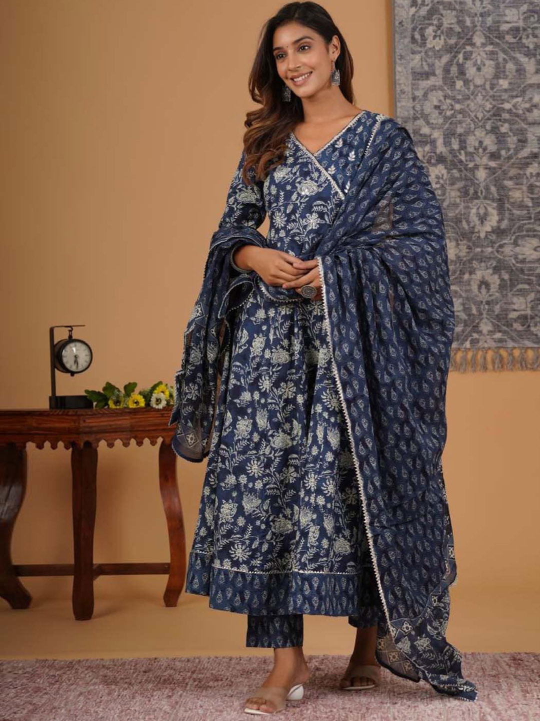 

Meena Bazaar Floral Printed Pure Cotton Angrakha Kurta With Trousers & Dupatta, Blue