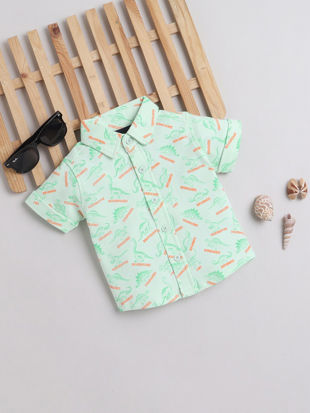 

Little County Boys Classic Conversational Printed Spread Collar Cotton Casual Shirt, Green