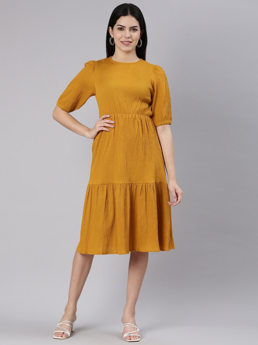 

TWIN BIRDS Puff Sleeve Crepe Fit & Flare Knee length Dress, Mustard