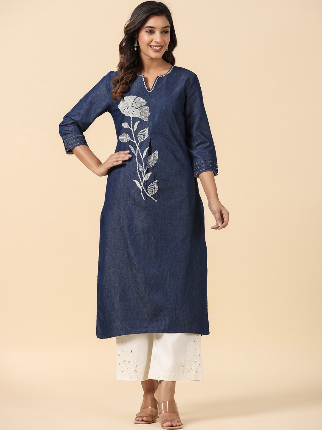 

SAVI Floral Embroidered Thread Work Denim Kurta, Blue