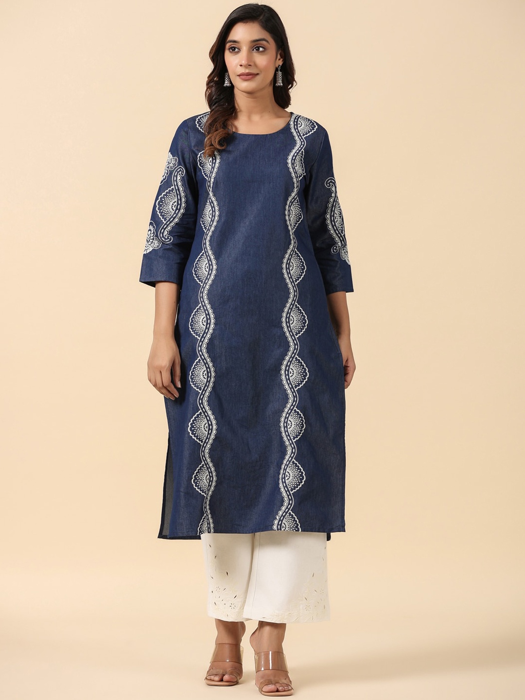 

SAVI Ethnic Motif Embroidered Straight Kurta, Navy blue