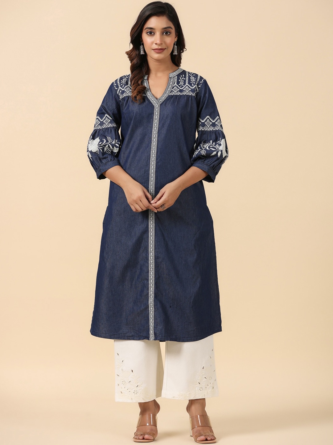 

SAVI Ethnic Motifs Embroidered Thread Work Denim Kurta, Blue