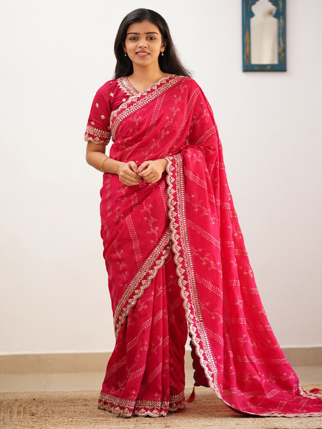 

ORUS Ethnic Motifs Printed Embroidered Silk Blend Saree, Pink