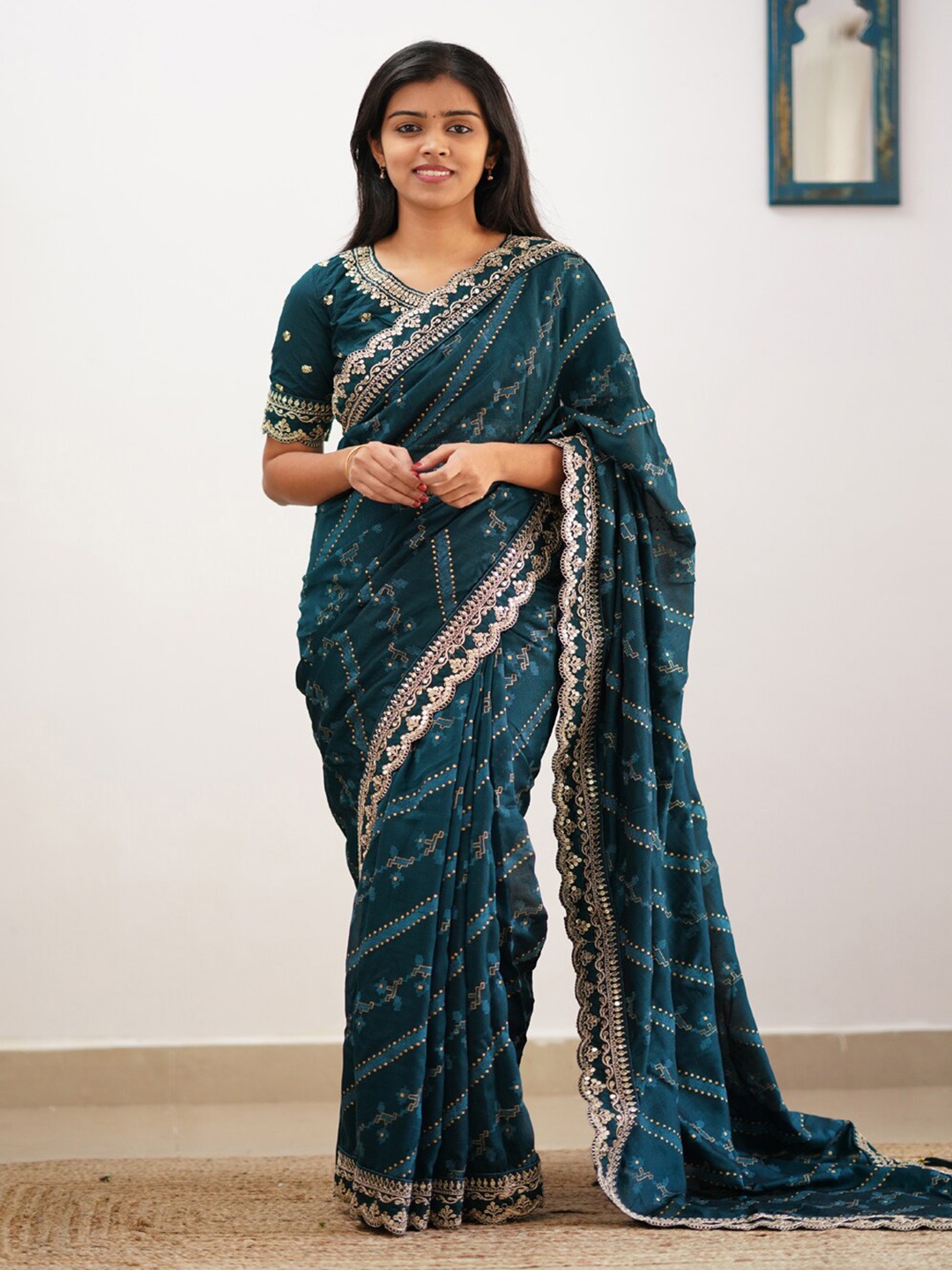 

ORUS Ethnic Motifs Printed Embroidered Silk Blend Saree, Teal