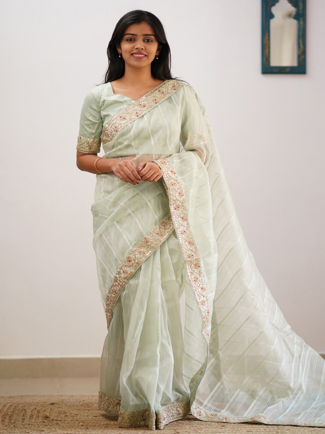 

ORUS Striped Embroidered Organza Saree, Green
