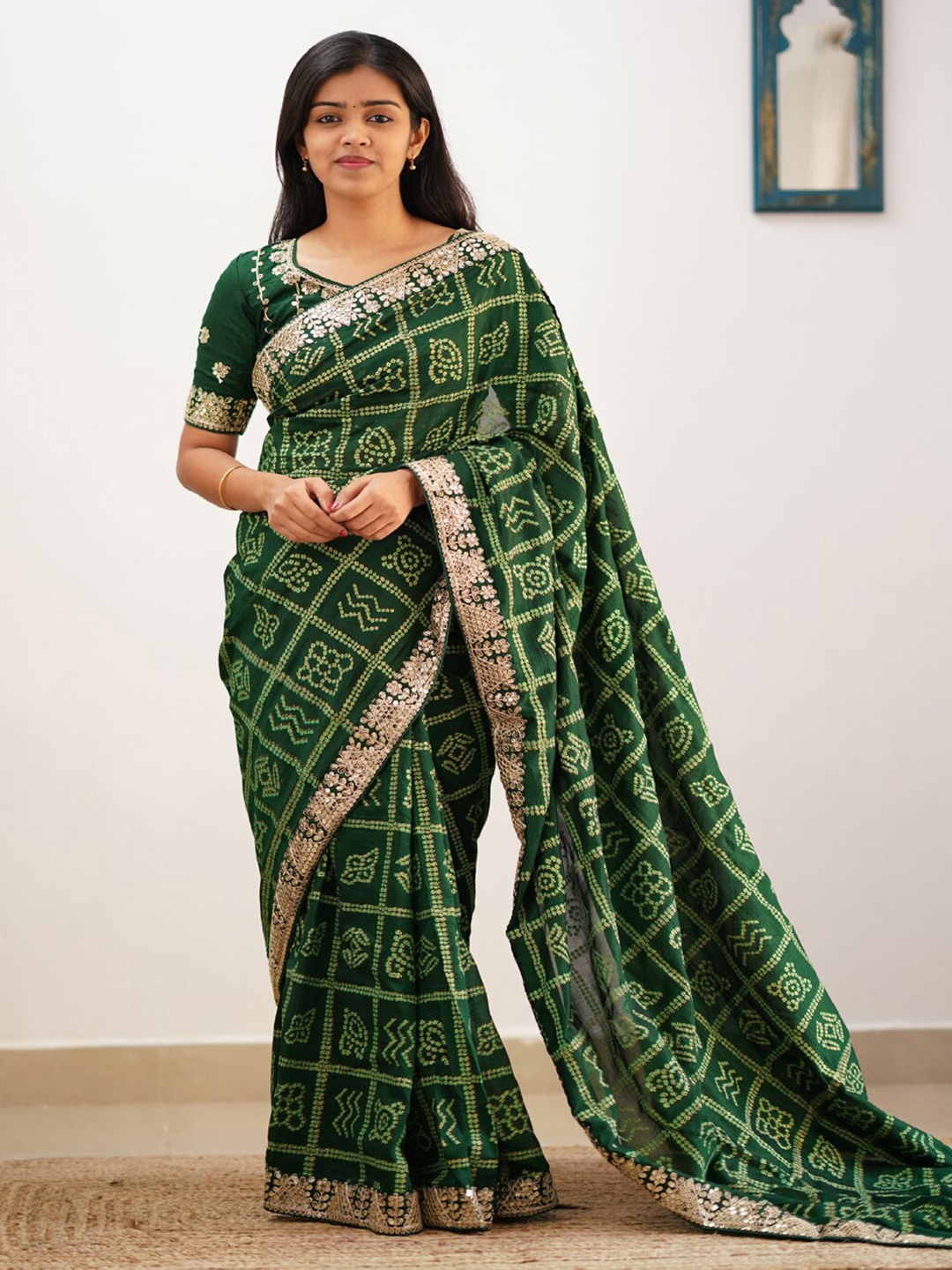 

ORUS Bandhani Printed Embroidered Silk Blend Saree, Green