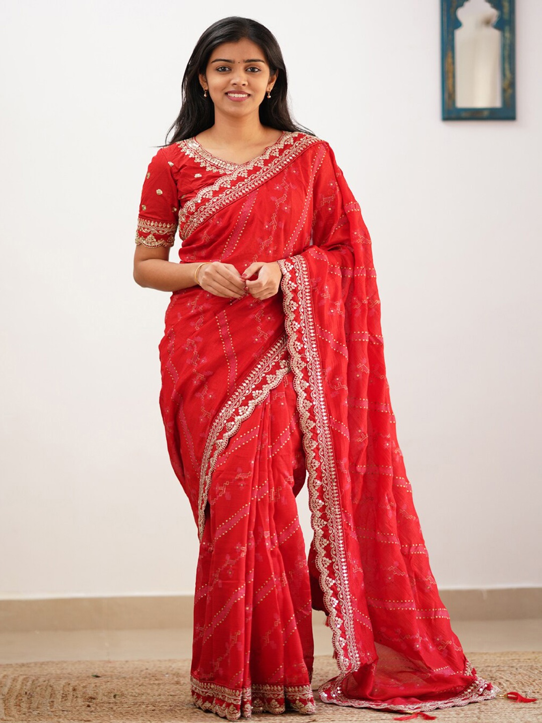 

ORUS Ethnic Motifs Embroidered Silk Blend Saree, Red