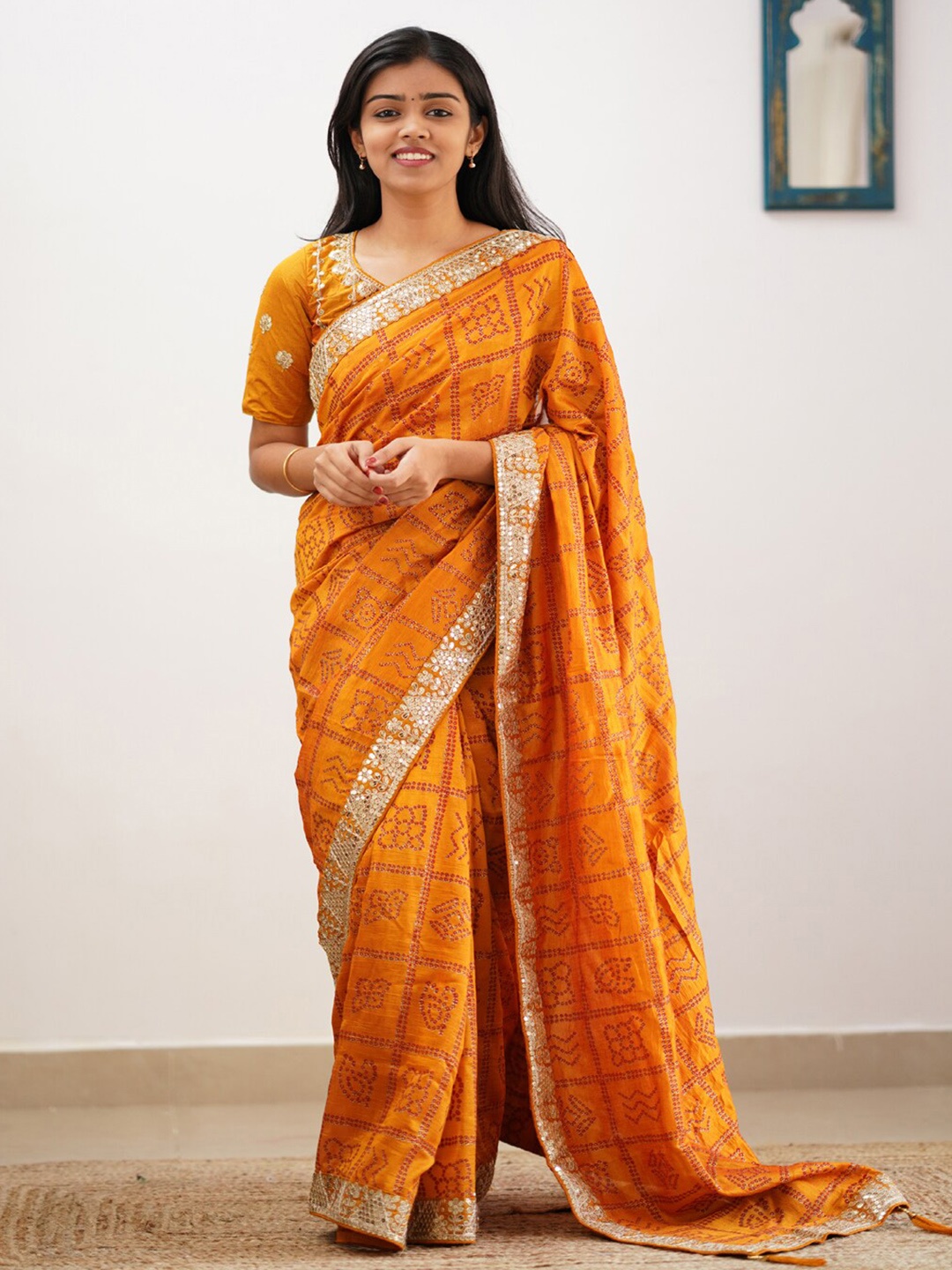 

ORUS Printed Embroidered Bandhani Saree, Mustard