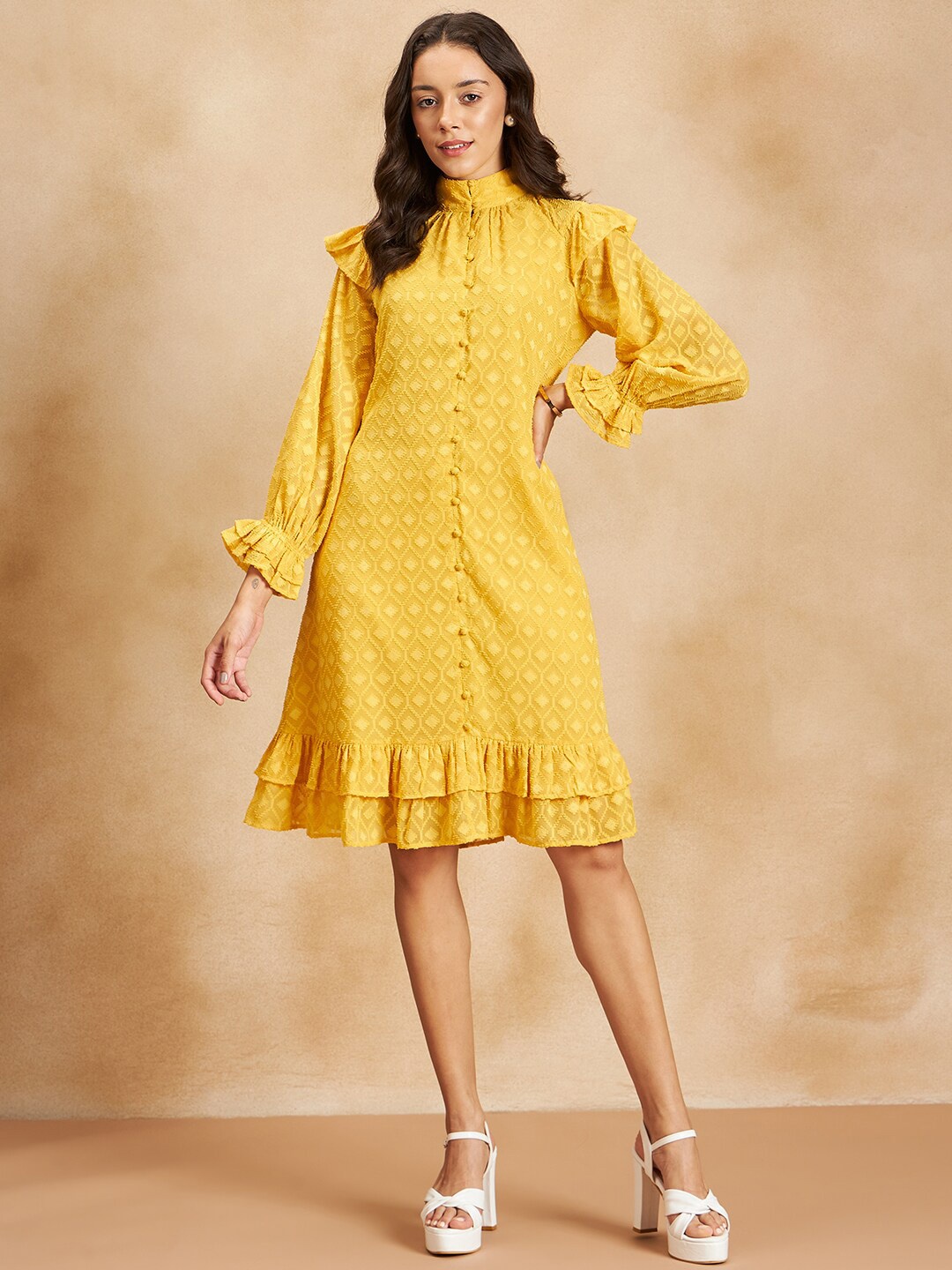 

Femella Self Design High Neck Dobby A-Line Dress, Yellow
