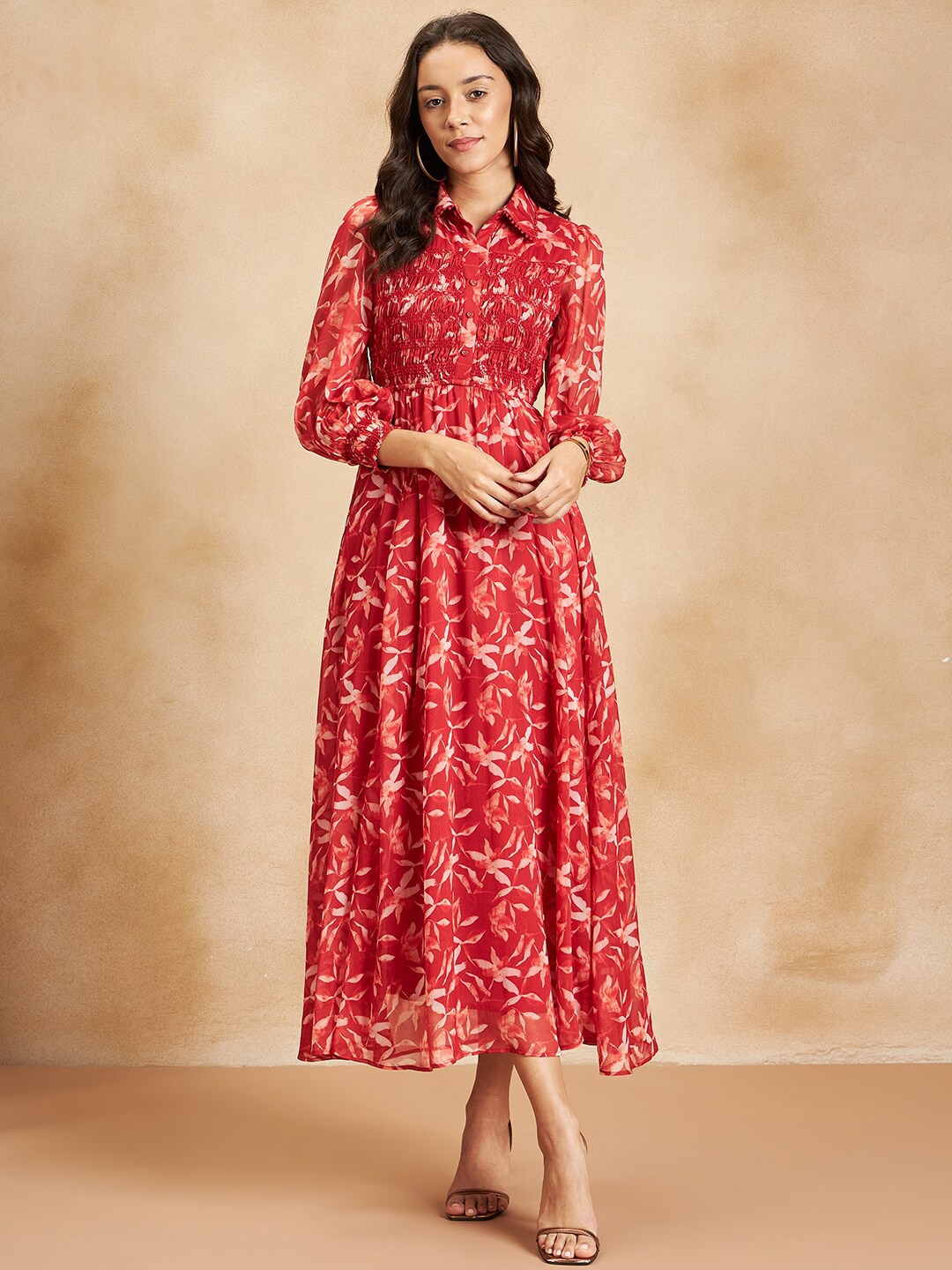 

Femella Floral Printed Smocked Chiffon Maxi Dress, Red