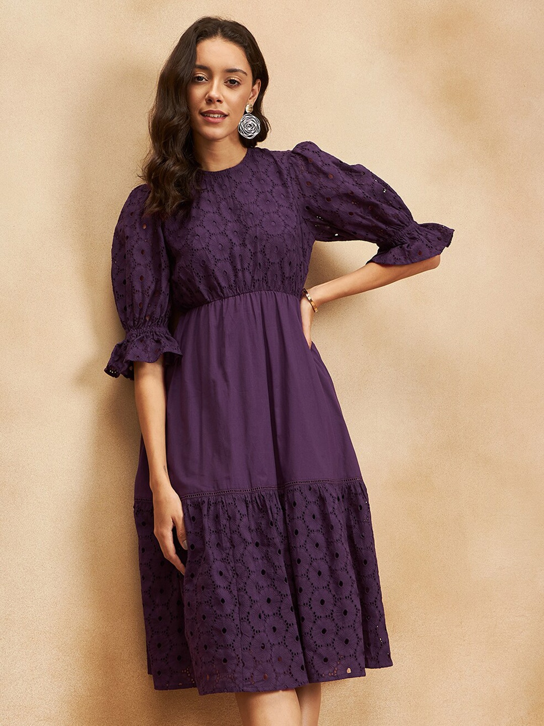 

Femella Puff Sleeves Pure Cotton Fit & Flare Dress, Purple