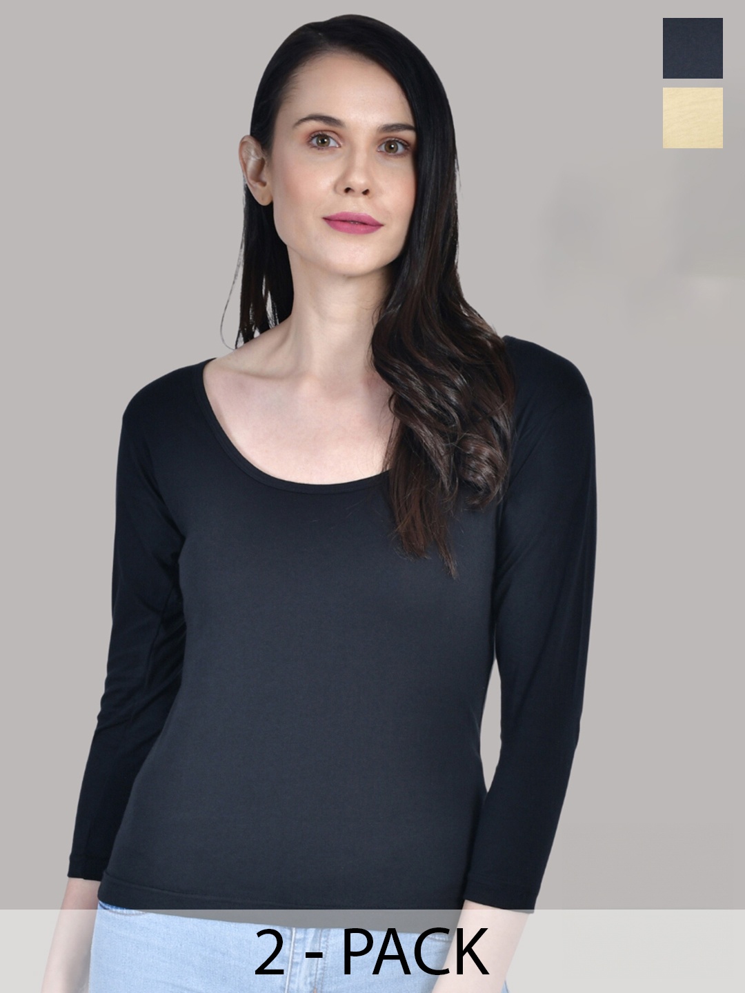 

Aimly Pack of 2 Three-Quarter Sleeves Non Padded Cotton Camisole, Black