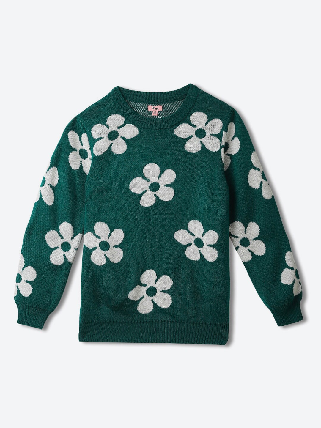 

2Bme Girls Floral Printed Round Neck Long Sleeve Acrylic Pullover Sweater, Green