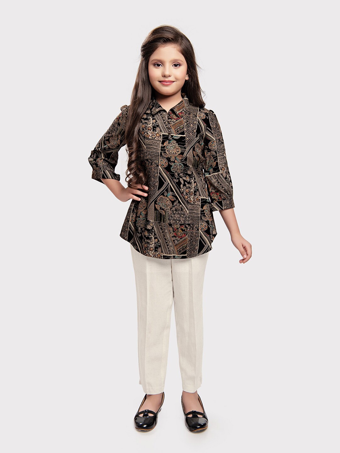 

Tiny Baby Girls Printed Shirt Collar Top With Trousers, Black