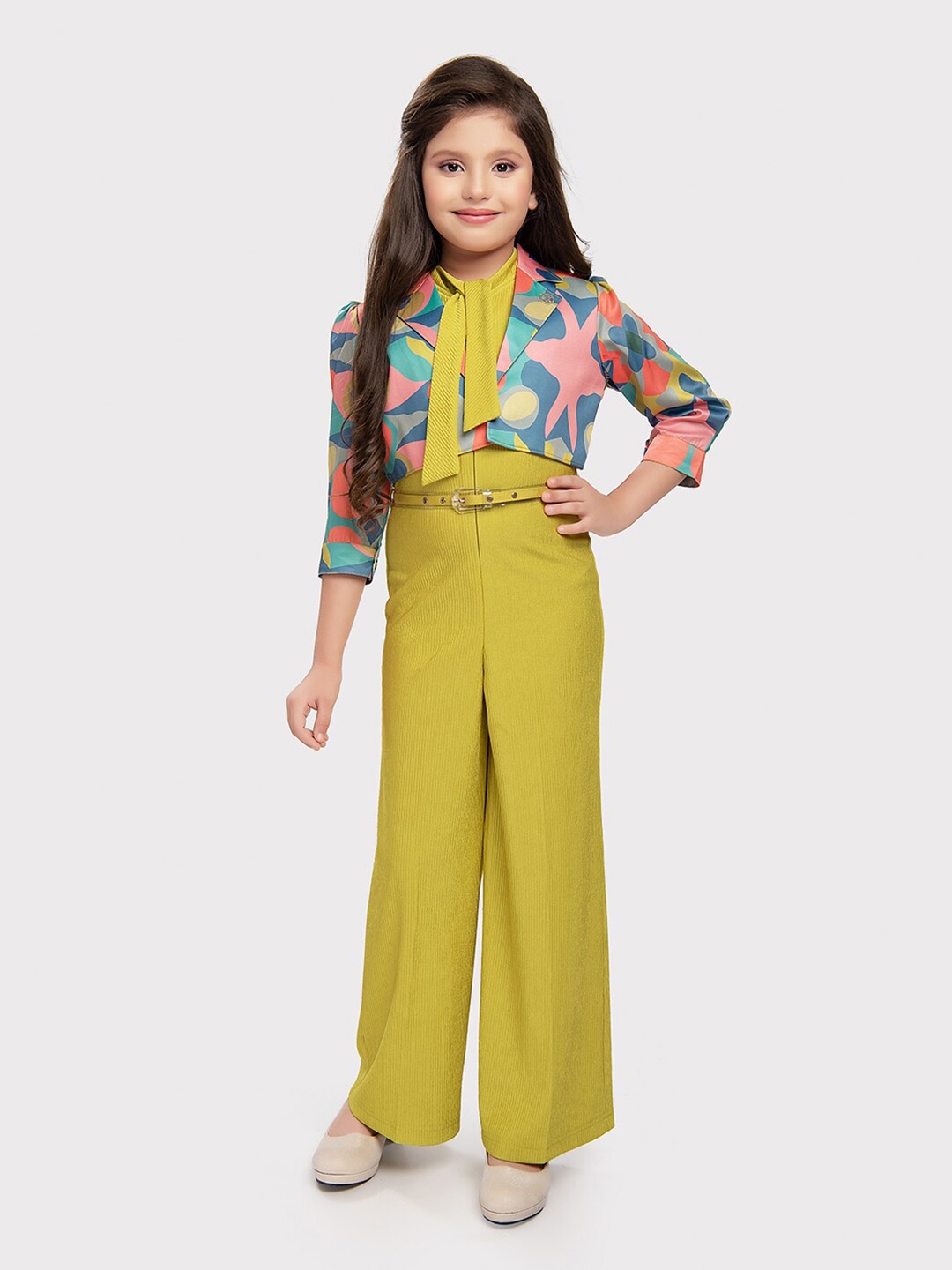 

Tiny Baby Girls Tie Up Neck Sleeveless Basic Jumpsuit with Jacket & Belt, Yellow