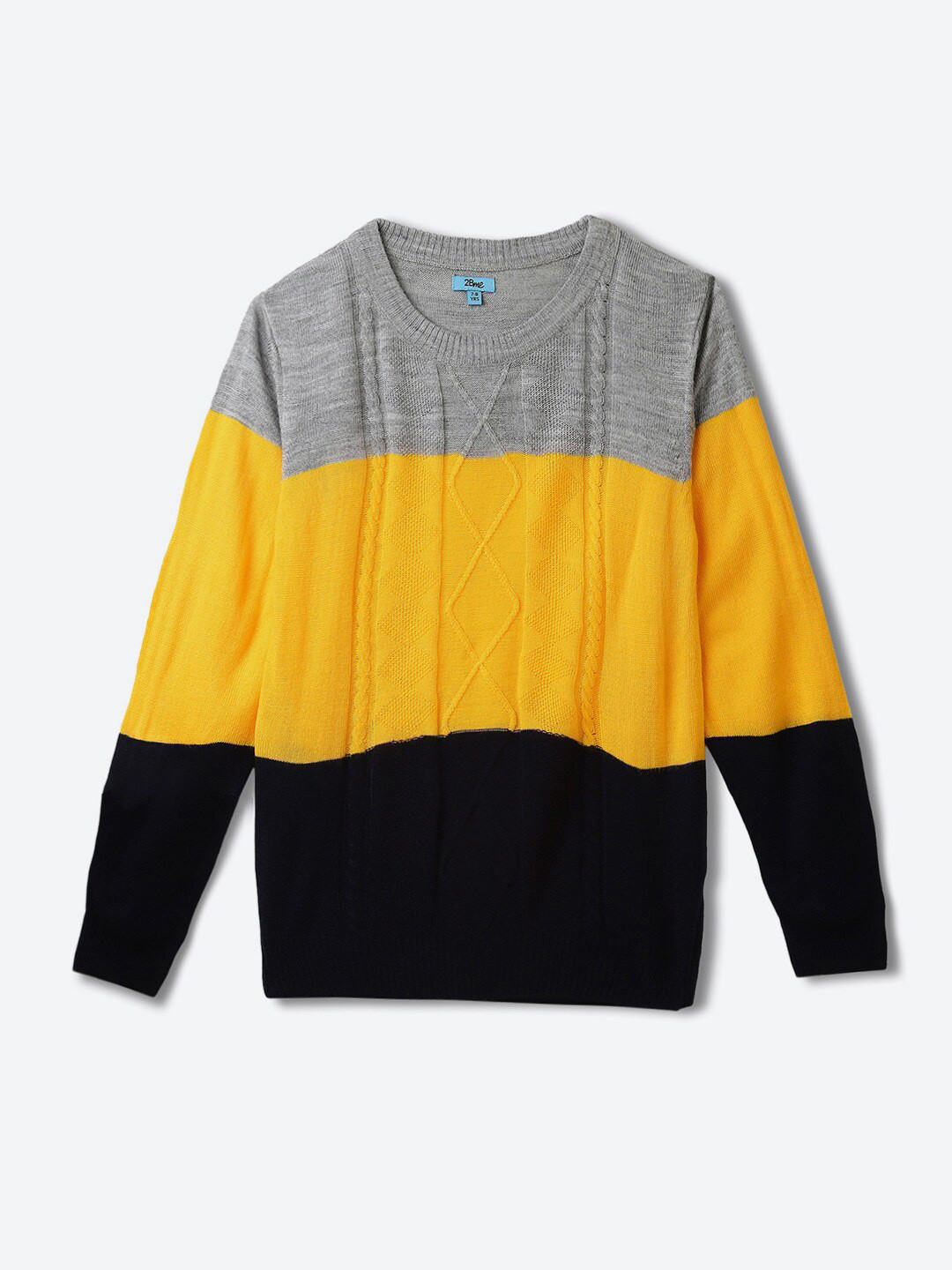 

2Bme Boys Colourblocked Cable Knit Round Neck Long Sleeve Acrylic Pullover Sweater, Yellow