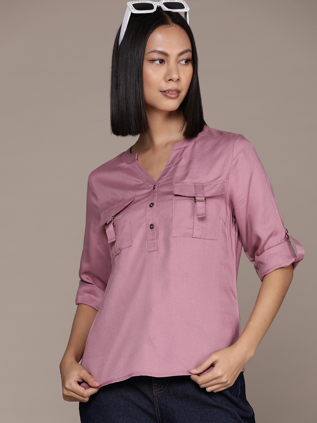 

Roadster Solid Roll-Up Sleeves Shirt Style Top, Pink