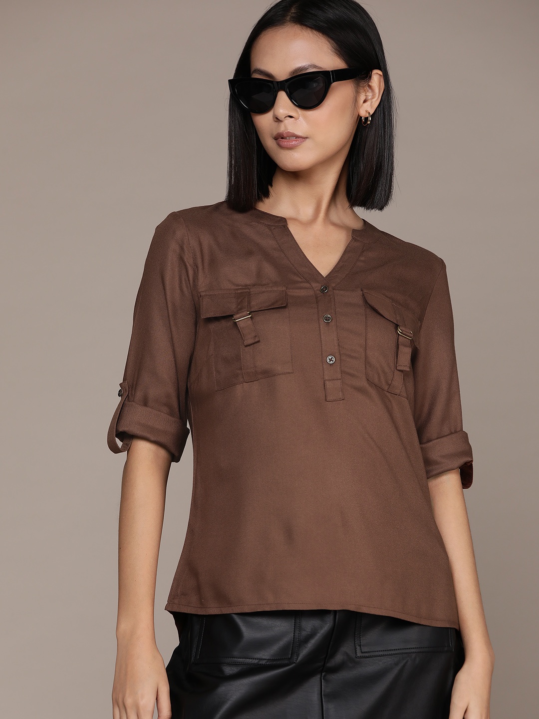 

Roadster Solid Roll-Up Sleeves Shirt Style Top, Brown