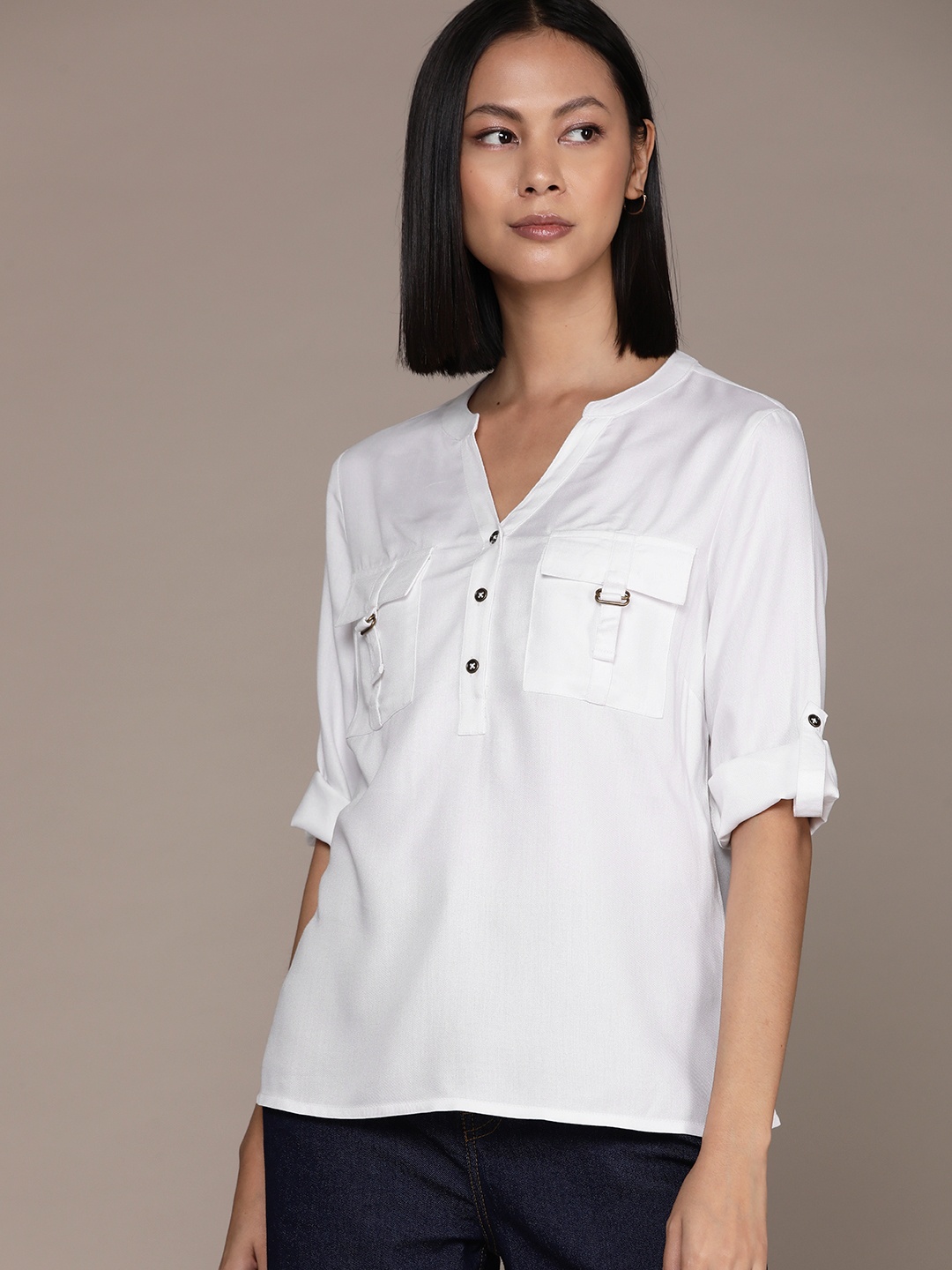 

Roadster Solid Roll-Up Sleeves Shirt Style Top, White