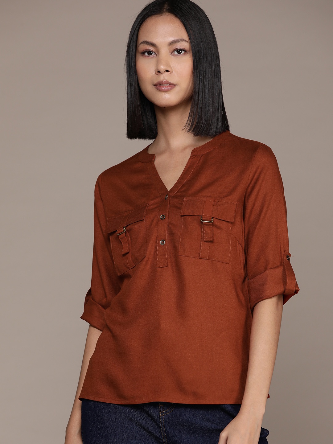 

Roadster Solid Roll-Up Sleeves Shirt Style Top, Black