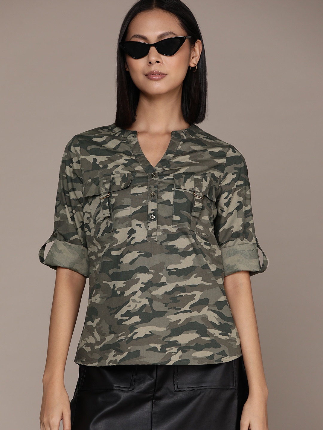 

Roadster Printed Roll-Up Sleeves Cotton Shirt Style Top, Olive