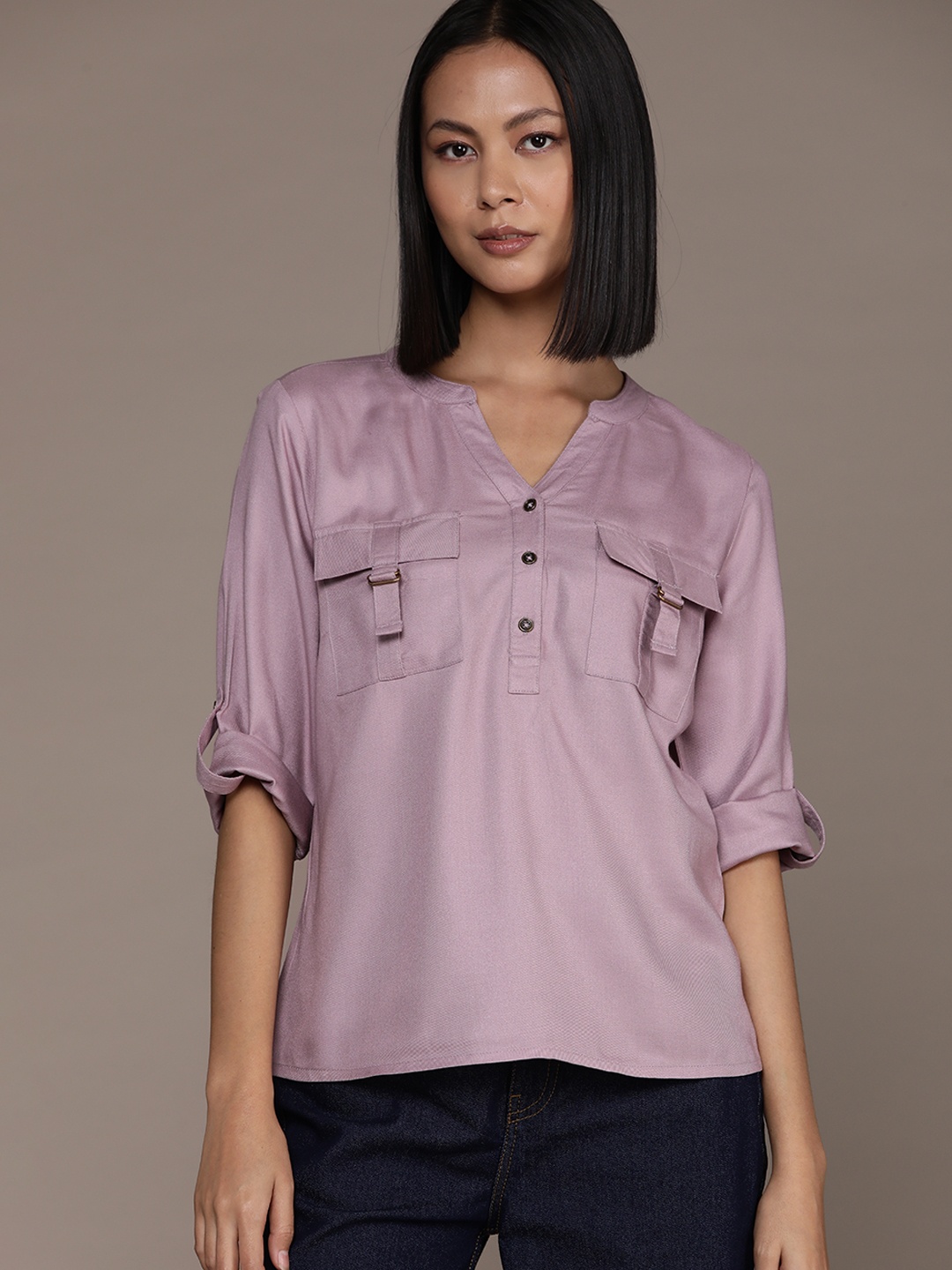 

Roadster Solid Roll-Up Sleeves Shirt Style Top, Lavender