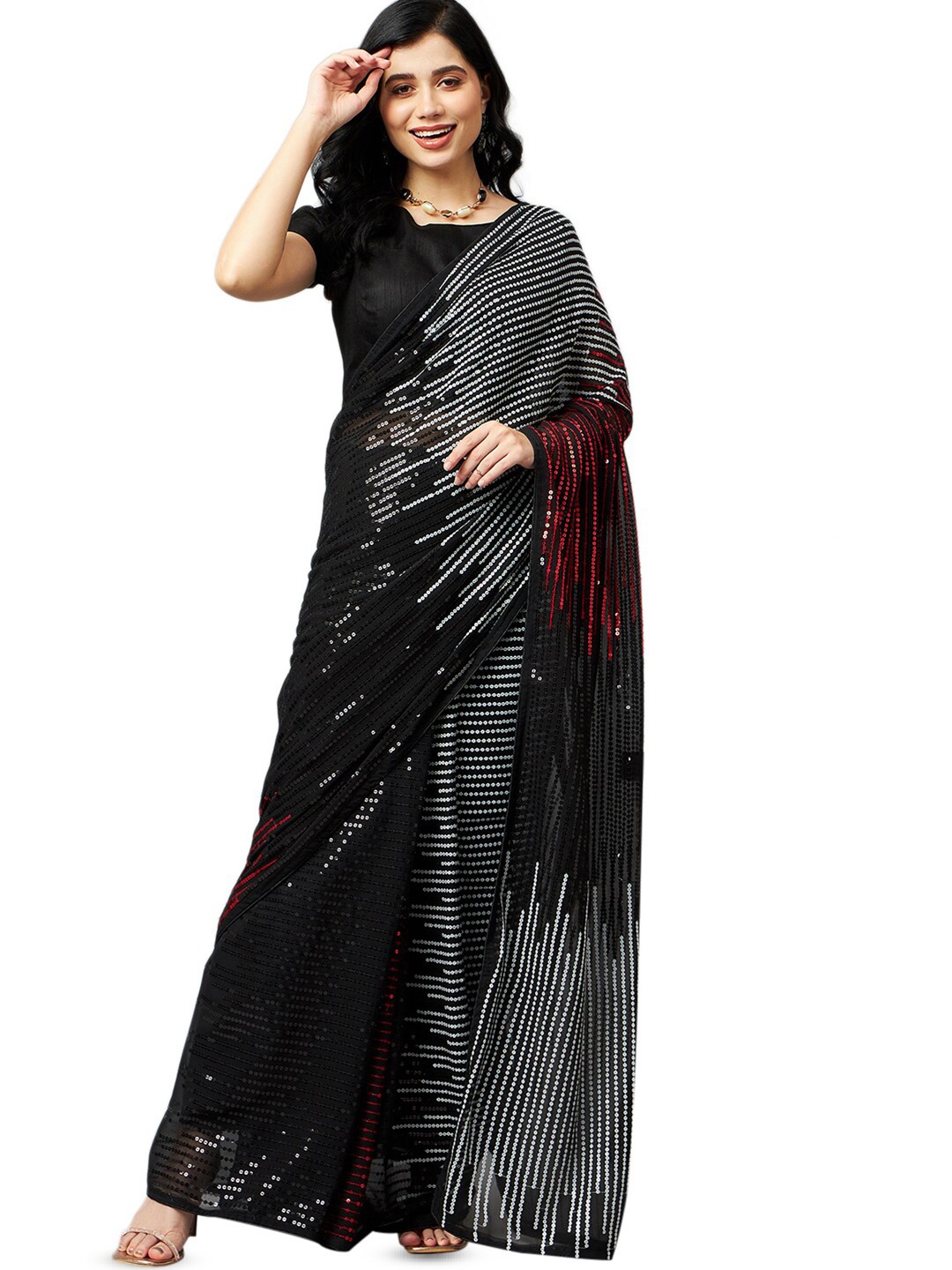 

Mitera Black & Red Embellished Sequinned Pure Georgette Saree