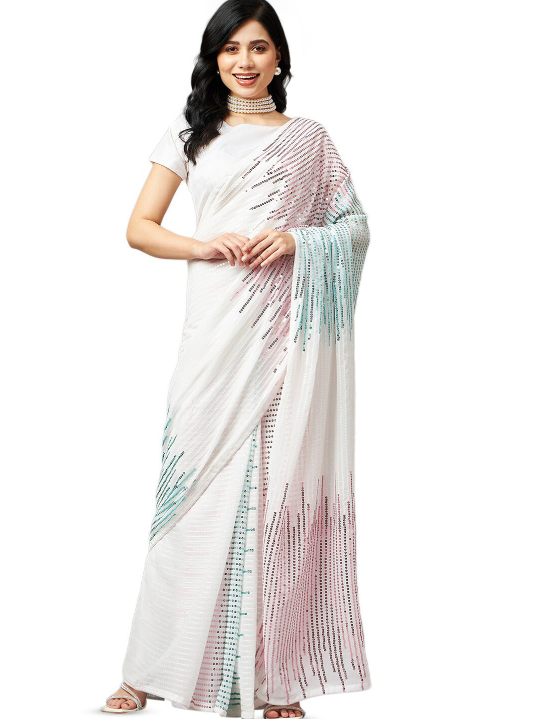 

Mitera White & Blue Embellished Sequinned Pure Georgette Saree