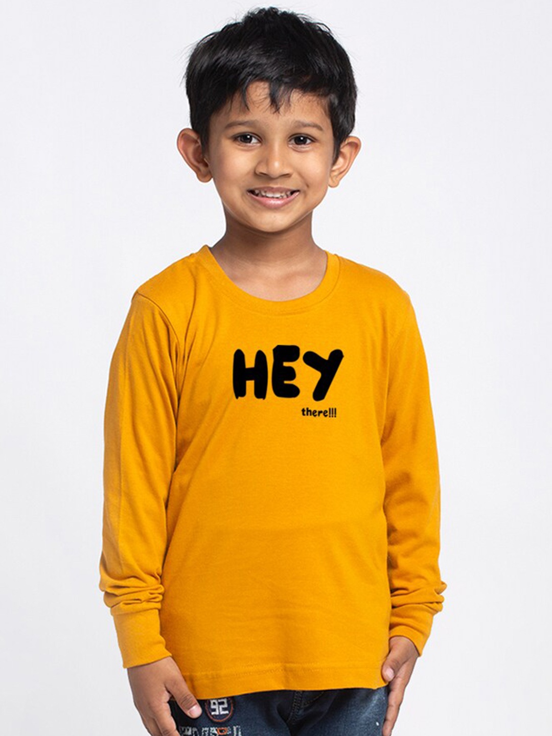 Friskers Boys Typography Printed Long Sleeves Pure Cotton T-shirt, Mustard