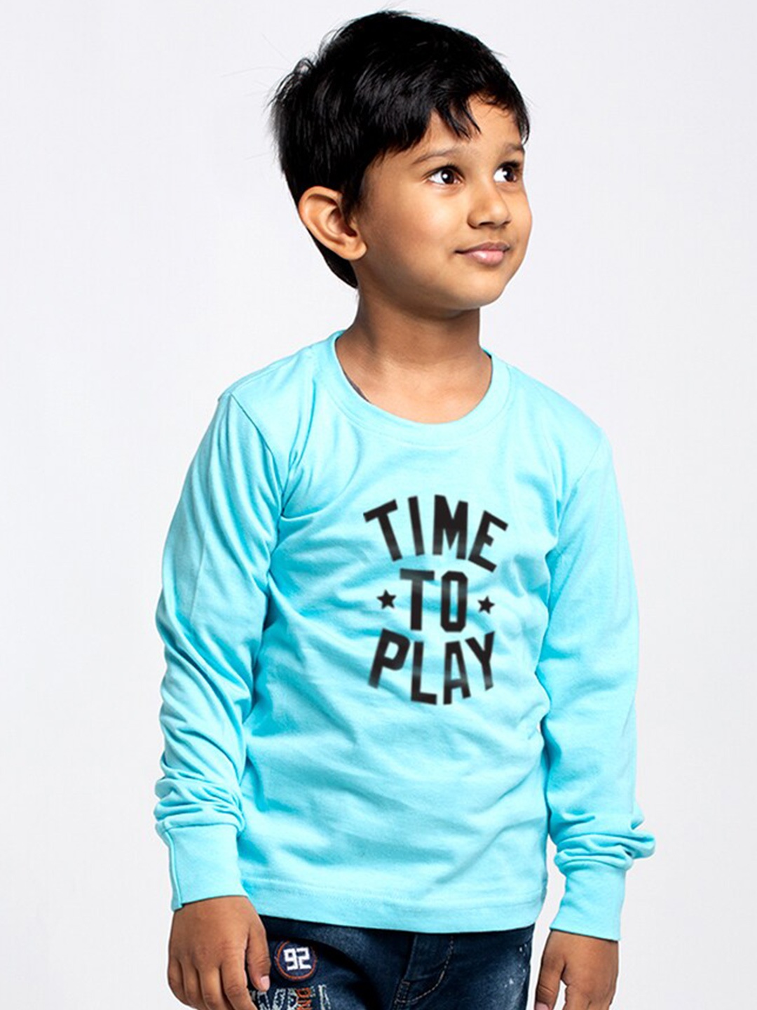 

Friskers Boys Typography Printed Long Sleeves Pure Cotton T-shirt, Turquoise blue