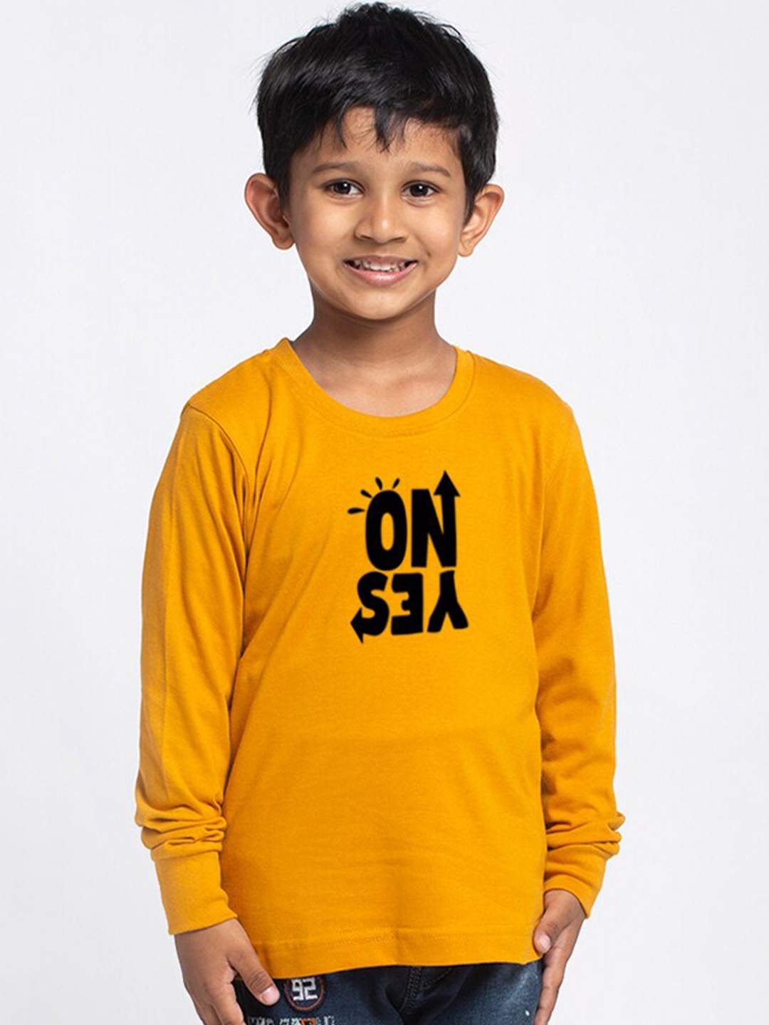 

Friskers Boys Typography Printed Long Sleeves Pure Cotton T-shirt, Mustard
