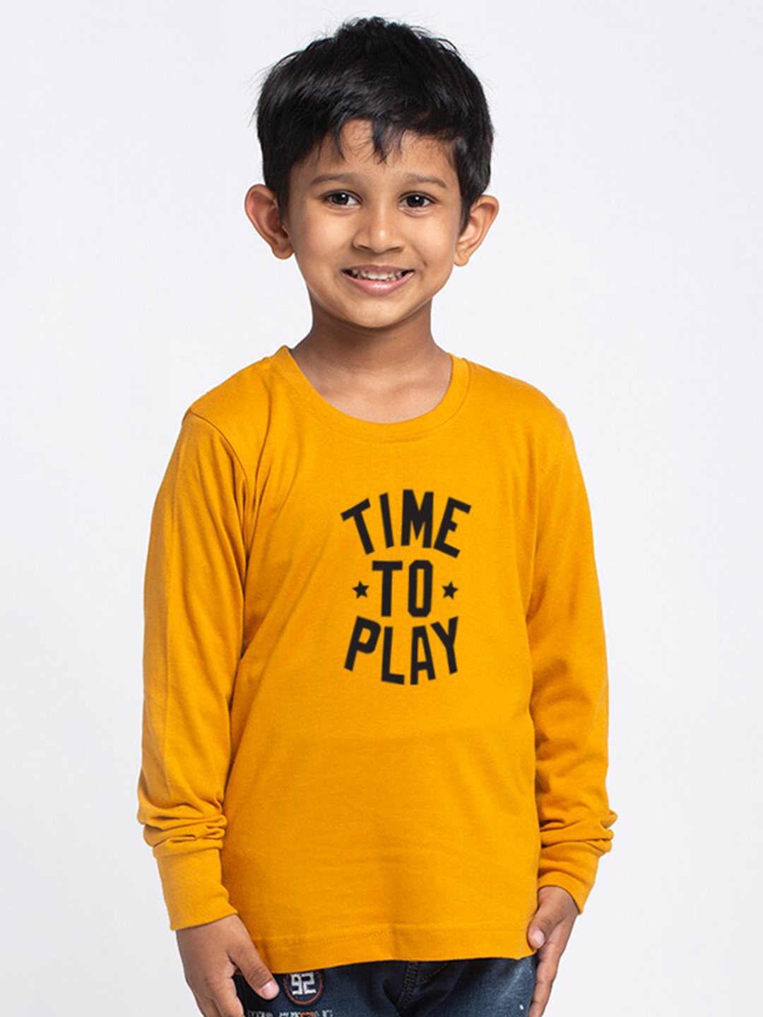 

Friskers Boys Typography Printed Pure Cotton T-shirt, Mustard