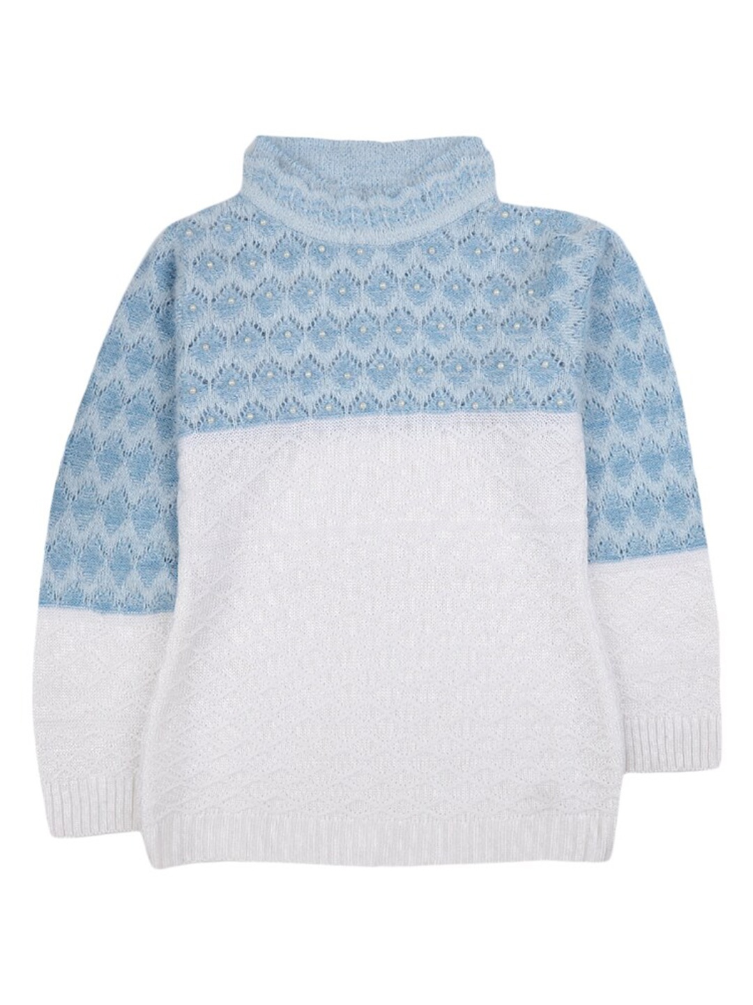 

V-Mart Girls Self Design Turtle Neck Acrylic Pullover Sweater With Embellished, Blue