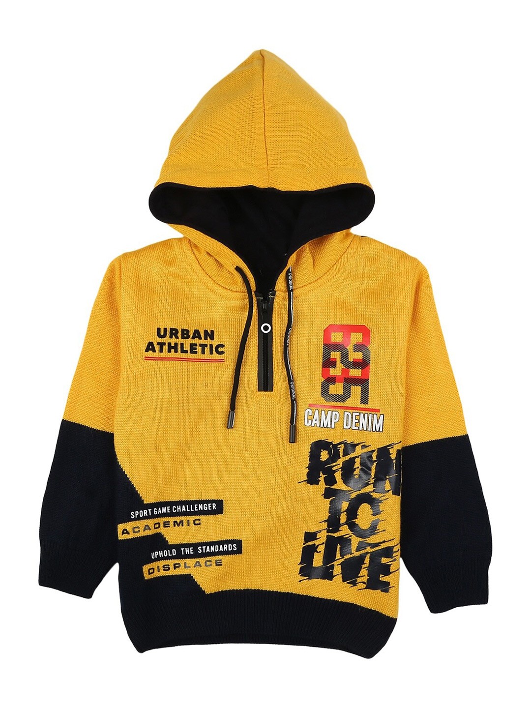 V-Mart Boys Typography Printed Hooded Half Zipper Acrylic Pullover Sweater, Mustard