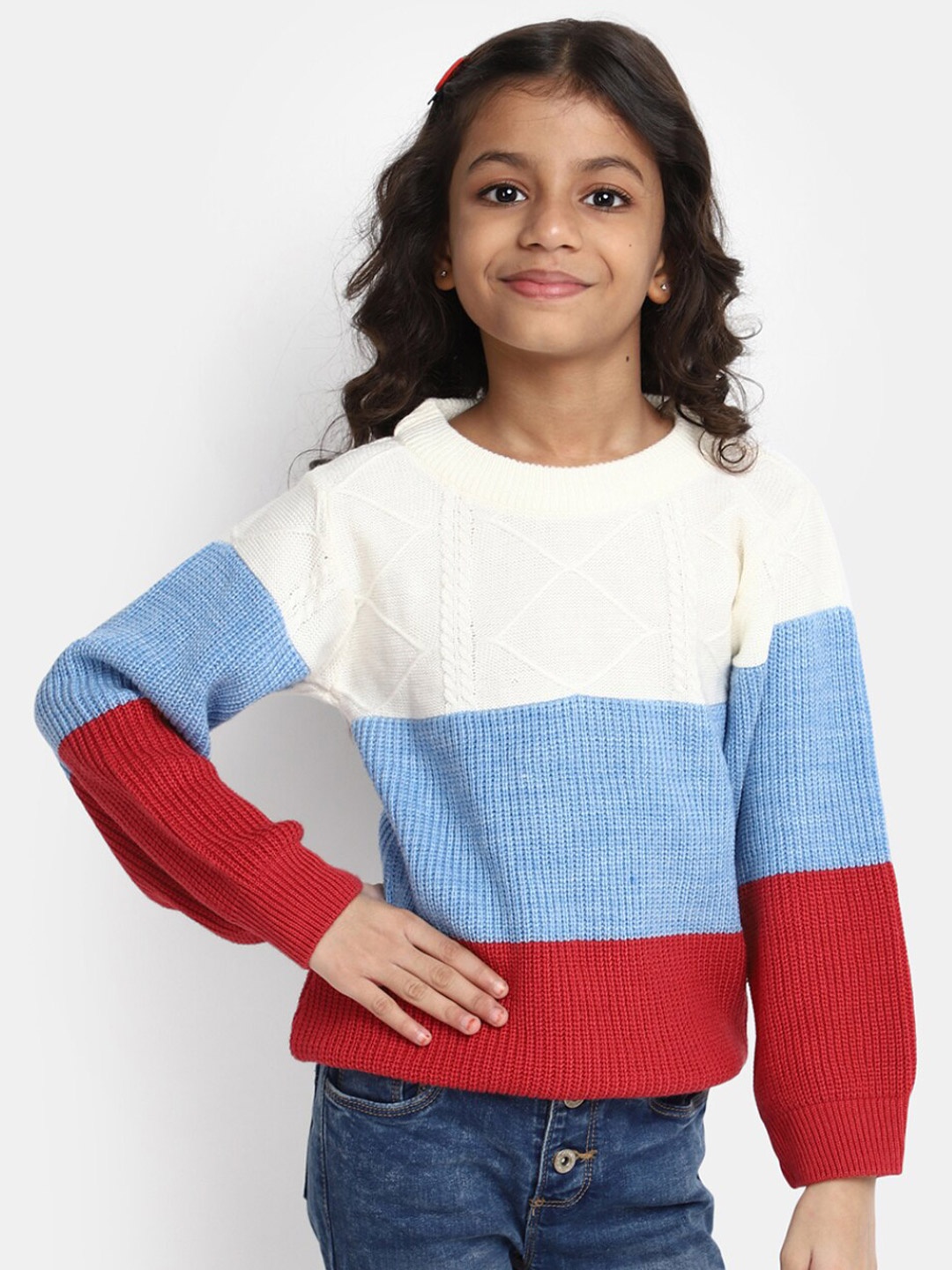 

V-Mart Girls Colourblocked Acrylic Pullover, Off white