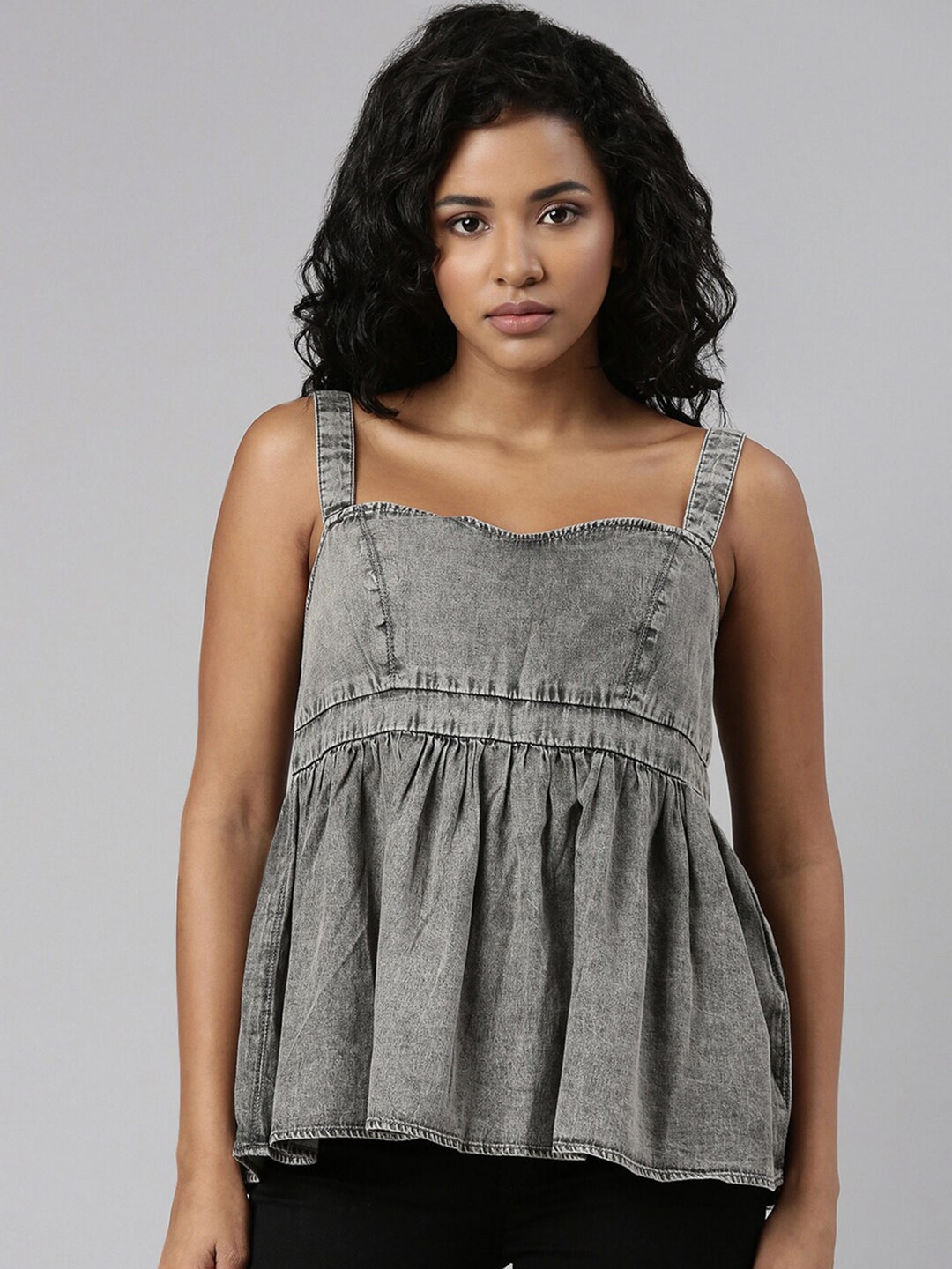 

SHOWOFF Shoulder Straps Cotton Denim Top, Grey