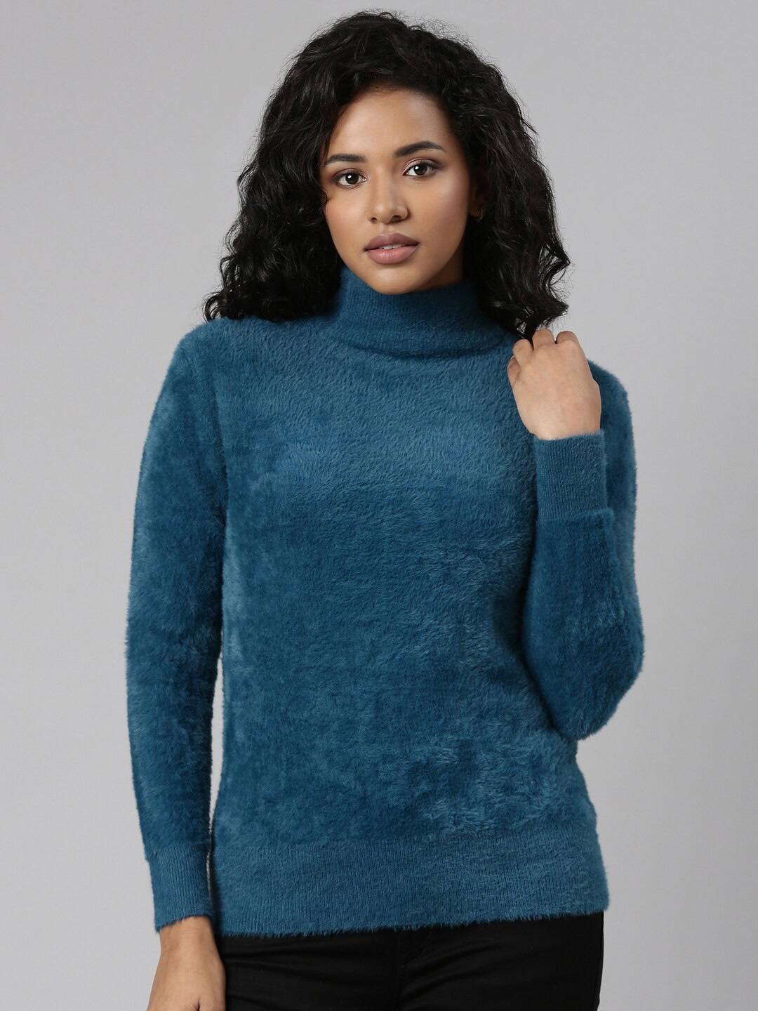 

SHOWOFF High Neck Faux Fur Trim Top, Teal