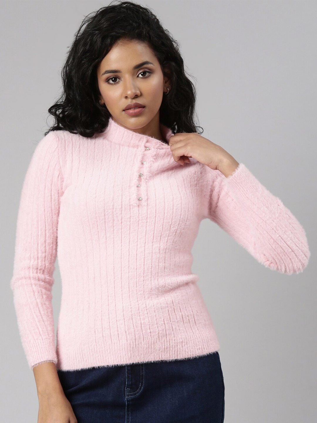 

SHOWOFF Self Design Faux Fur Trim High Neck Top, Pink