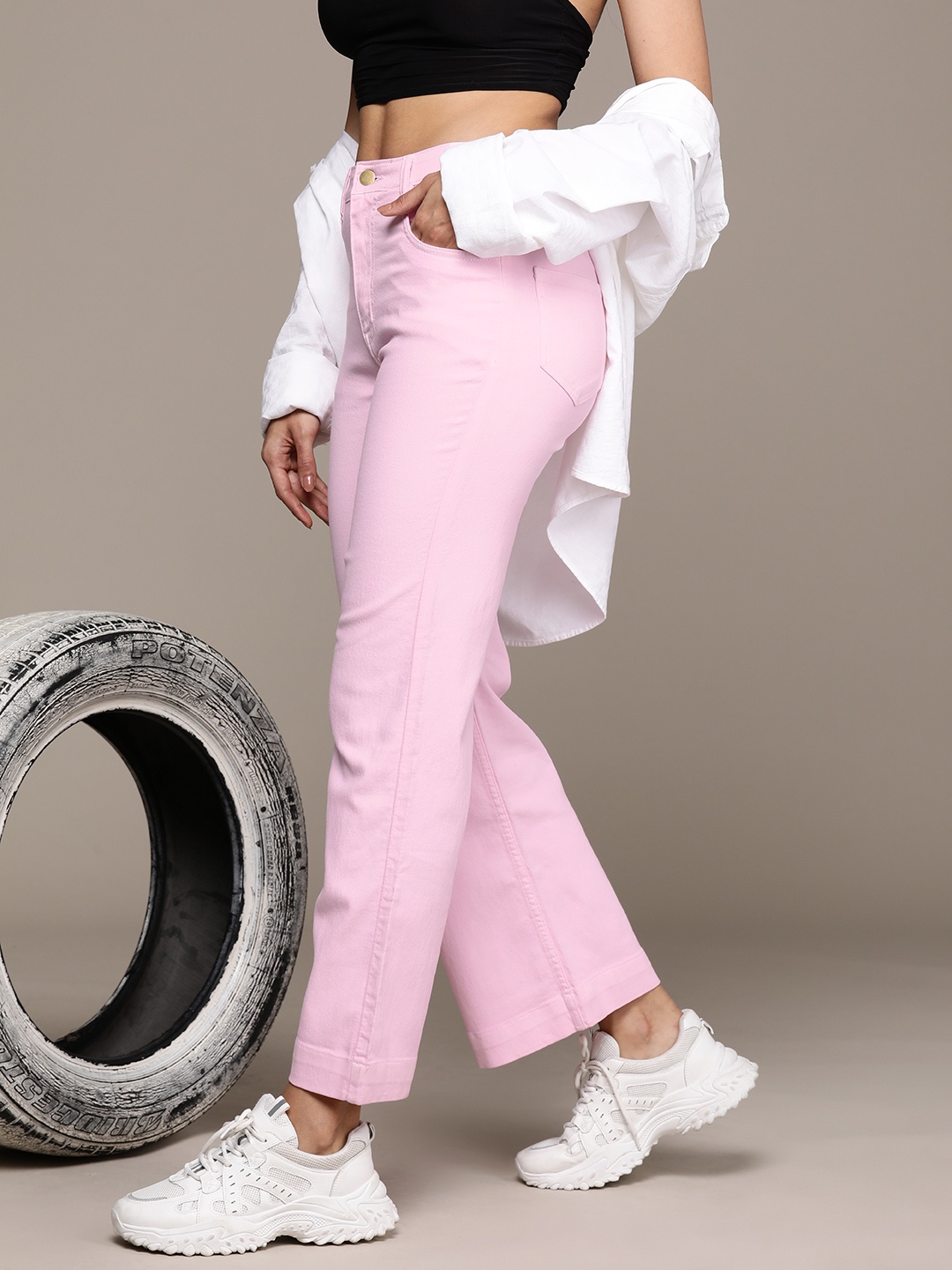 

Roadster Flared High-Rise Mildly Distressed Stretchable Jeans, Pink