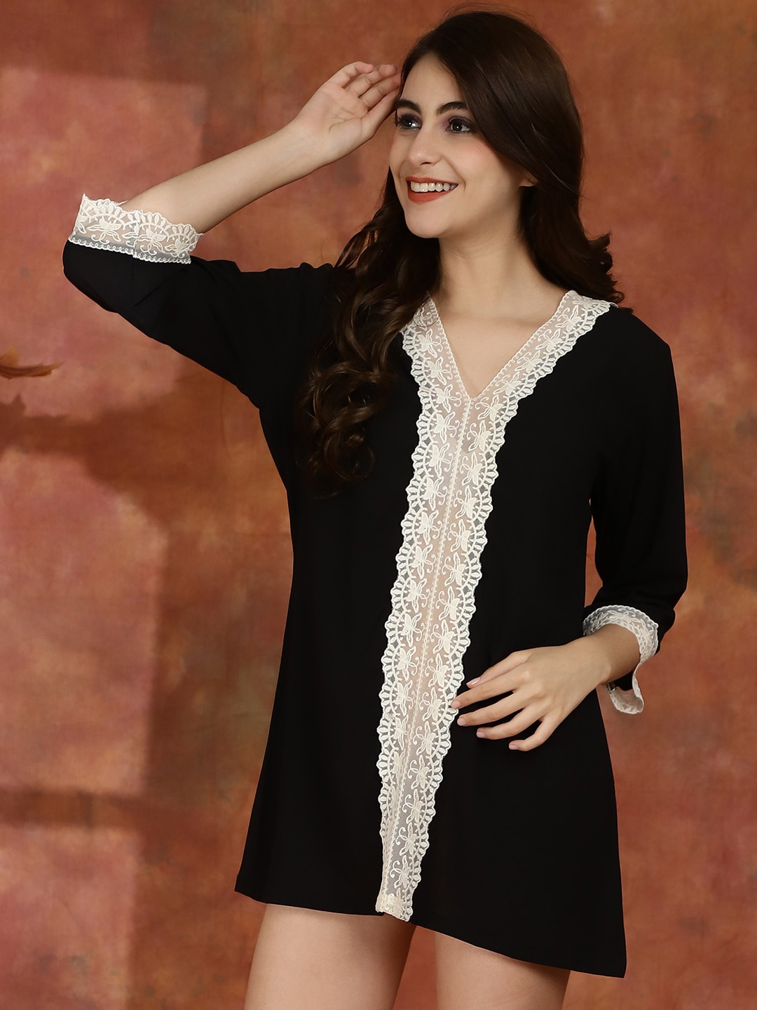 

Claura Lace Inserted V-Neck Swimwear Cover up Top, Black