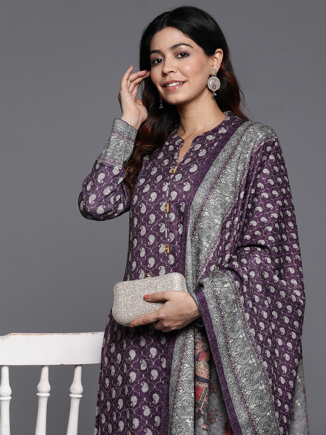 

Libas Women Paisley Printed Regular Beads and Stones Kurta with Palazzos & With Dupatta, Purple