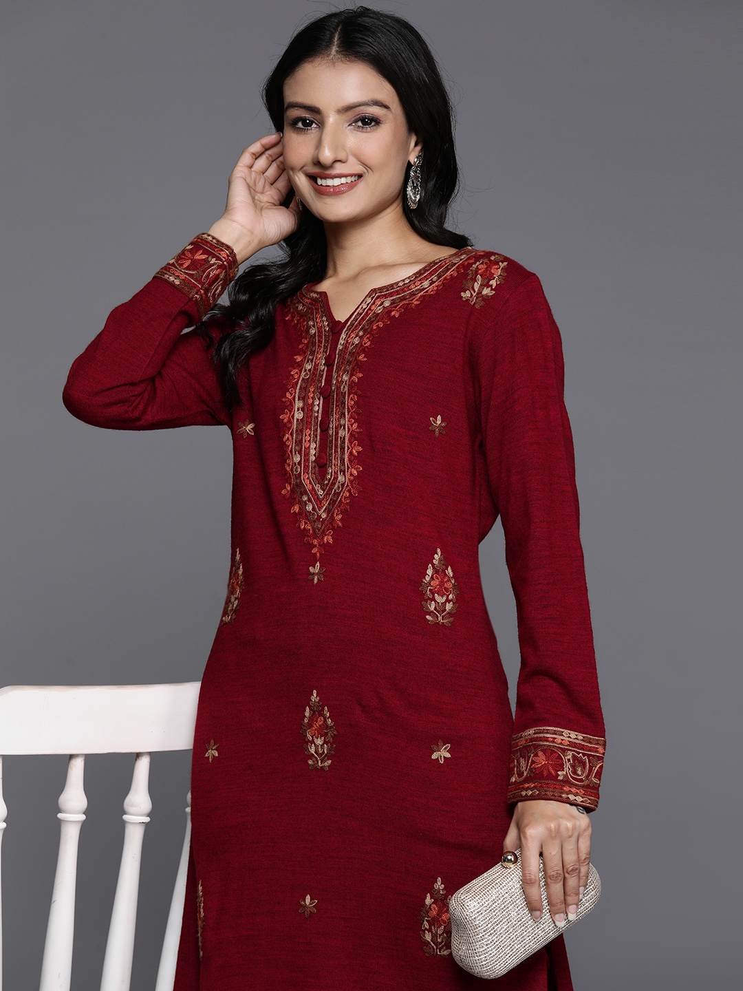 

Libas Women Floral Embroidered Regular Thread Work Pure Wool Kurta with Trousers, Red